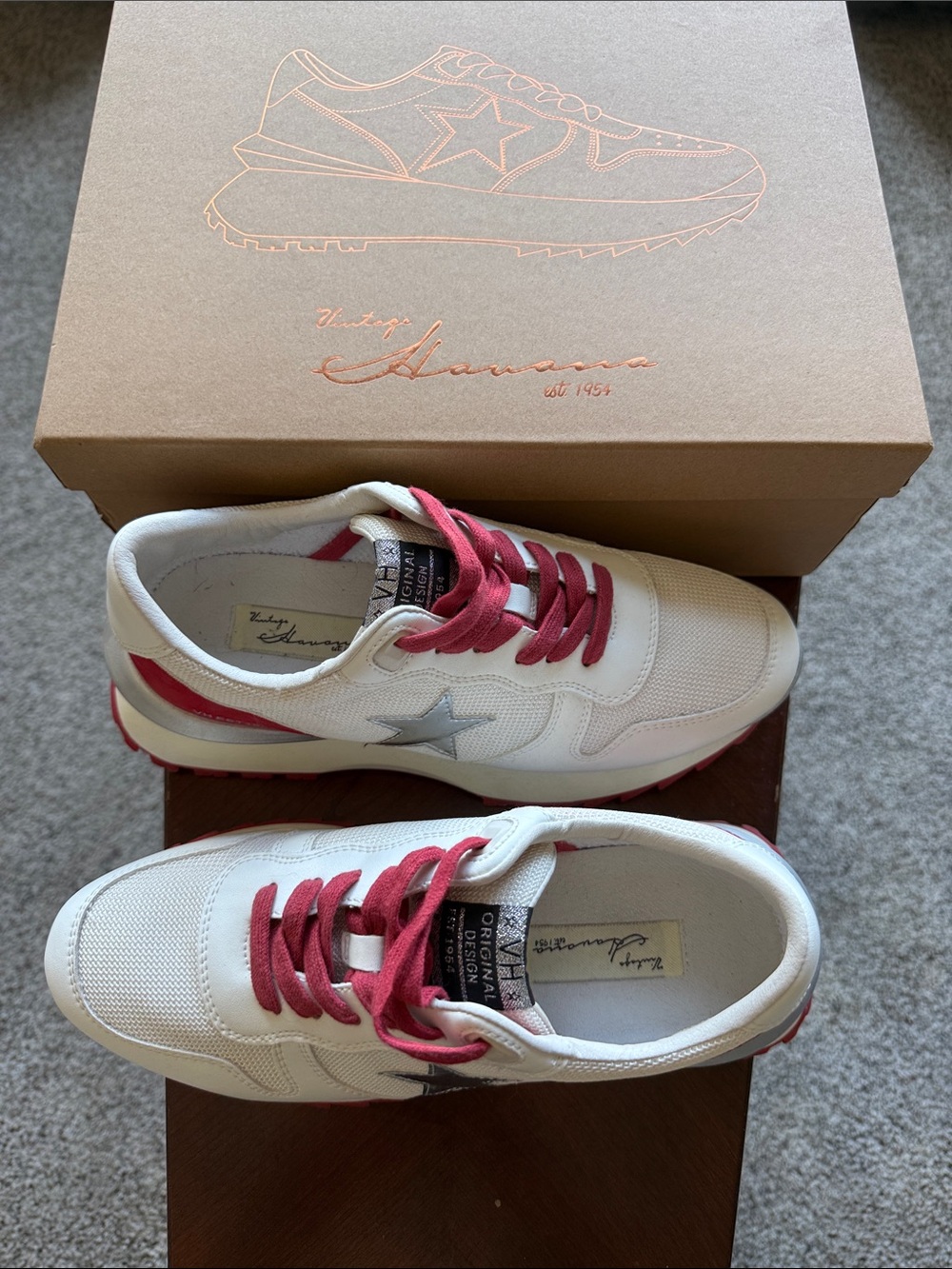 Vintage Havana White Sneakers with Red Laces and Silver Star Accent